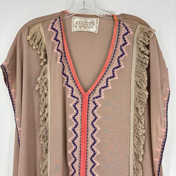 Spool No. 72 Kaftan Boho Beach Embroidered Fringe V Neck Open Sides Taupe OS - Picture 5 of 10